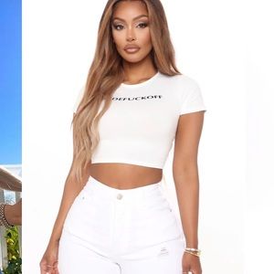 White ABCDEFU crop top
